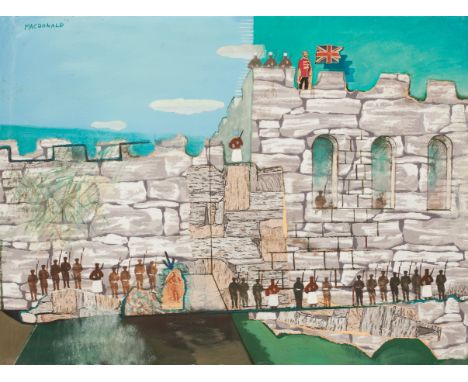 * TOM MACDONALD, 
GREAT WALL OF CHINA AND THE EVER VICTORIOUS ARMY, 1972 
oil and collage on canvas, signed 
84cm x 114cm
Unf