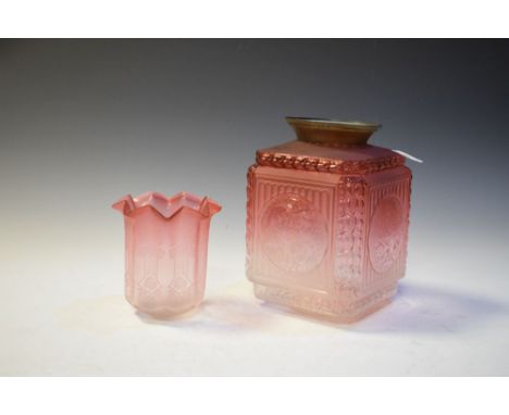 Etched pink and opaque pink and frosted square lamp shade with brass fitting, 24cm high, and one other smaller circular simil