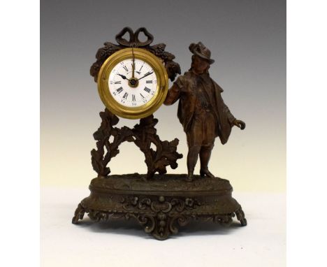Early 20th Century bronzed spelter figural mantel clock with alarm, the white dial with Roman hours and Arabic minutes, back-