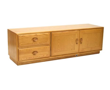 Ercol Golden Dawn Elm low cabinet fitted two drawers and pair of cupboards on castors, 155cm x 44cm x 48cm high  