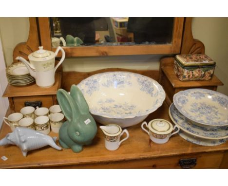 Japanese porcelain coffee set, flow blue bowl, tea stand etc, Denby rabbit, Poole shell, and a Continental porcelain casket  