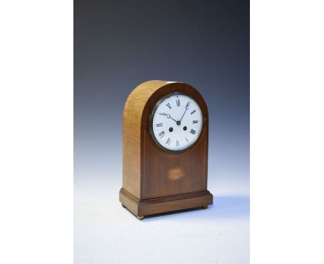 Early 20th Century inlaid mahogany mantel or bracket clock, with five-inch white enamel convex Roman dial, two train movement