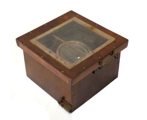 Military-type compass with bubble dial, 11cm, in gimbal mount and wooden carry box, 25cm x 24cm x 15.5cm high  