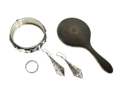 Small selection of silver and other objects of virtue to include miniature, silver-backed hand mirror, cast snap bangle, etc 