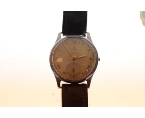 Omega - Gentleman's vintage stainless-steel wristwatch, champagne Roman dial with subsidiary at VI, lacking crown, 33mm diame