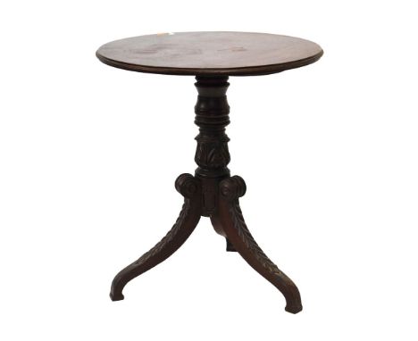 19th Century mahogany tripod occasional table with leaf-carved supports, 59.5cm diameter x 68cm high  