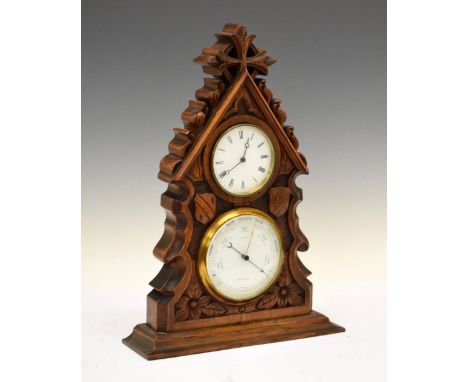 Early 20th Century carved oak combination timepiece barometer, with white Roman dial over aneroid barometer with curved mercu