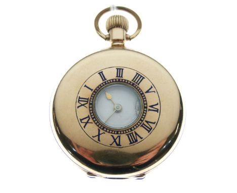 Gentleman's gold-plated half hunter pocket watch, white Roman dial with subsidiary at VI, blue enamel chapter ring, top-wound