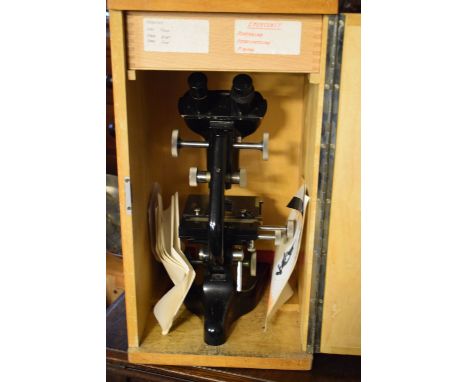 Early to mid 20th Century Watson Barnet anodised binocular microscope with drawer of objectives and eye-pieces, the box 49.5c