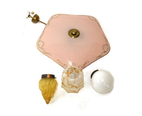 Three vintage glass light shades, together with a large retro glass plafonnier of pentagonal design, 55cm diameter (4)  