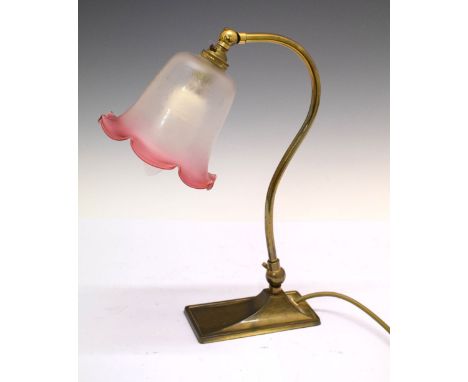 Brass adjustable desk top reading light having frosted frilled edge shade, 36cm high  