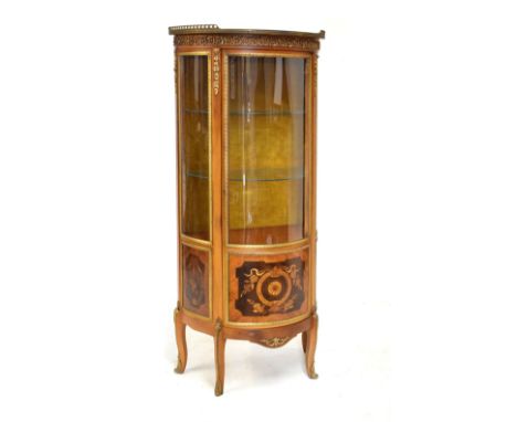 Reproduction Continental style demi lune and gilt  metal mounted display cabinet having marquetry panel door, 70cm wide  