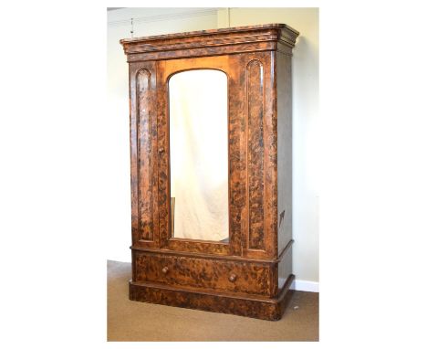 Victorian figured walnut wardrobe with central mirrored door and drawer below, 136cm wide  