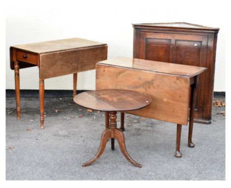 George III oak corner cupboard, 96cm high, together with a mid 18th Century club-leg side table, early 19th Century Pembroke 