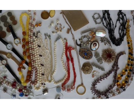 Assorted costume jewellery including faux pearls, beaded necklaces, Gucci wristwatch, brooches, Rotary wristwatch, coins etc 