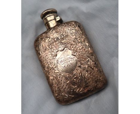 A Victorian silver hip flask, decorated with grapes and leaves, Birmingham, 1882, Colen Hewer Cheshire, approximately 70 gram