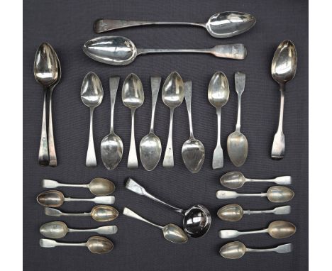 An early Victorian silver fiddle pattern serving spoon, London, Mary Chawner, together with a collection of silver spoons and