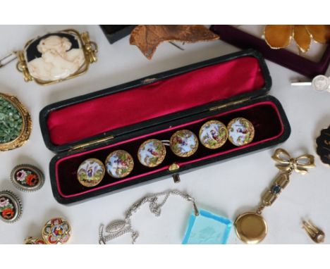 A set of six 19th century French enamel decorated shirt studs, cased together with assorted costume jewellery including Orchi