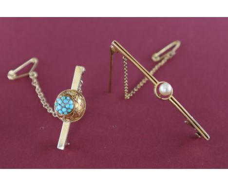 A Victorian 9ct gold turquoise set bar brooch together with a pearl set yellow metal bar brooch, overall approximately 7.5 gr