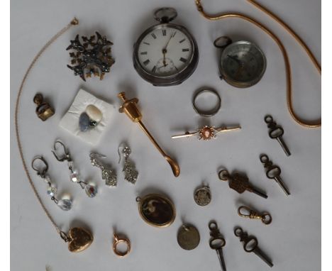 A silver open faced pocket watch, together with a compass, loose opals, a momento mori pendant, a fob seal, earrings and othe