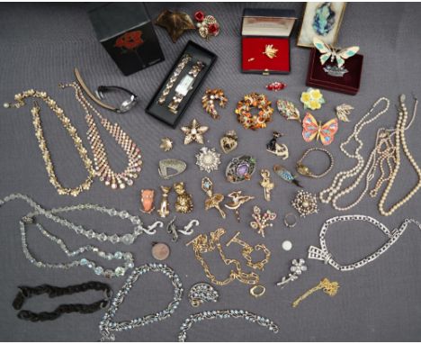 A pearl necklace together with assorted costume jewellery including brooches, wristwatches, necklaces etc 