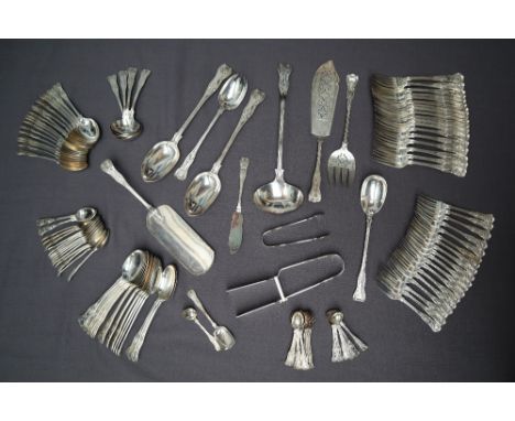 A late Victorian extensive Kings pattern silver flatware service comprising twelve table spoons, eighteen table forks, eighte