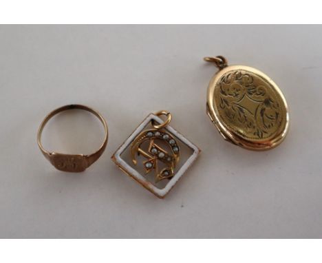 A yellow metal child's signet ring together with a yellow metal white enamel and seed pearl letter E pendant, a rolled gold l
