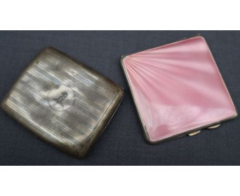 A George V silver cigarette case of square form with pink enamel sunburst, Birmingham, 1935, Albert Carter, together with ano