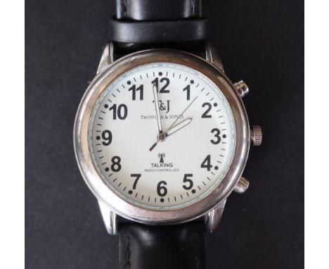 A Tavistock and Jones talking radio controlled watch on a leather strap