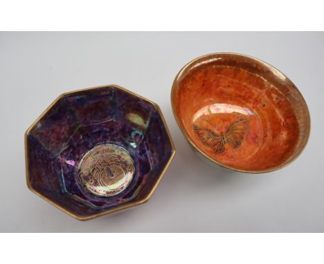 A Wedgwood lustre bowl,  decorated with gilt highlighted butterflies to a light green ground, printed Amphora maker's mark, 1