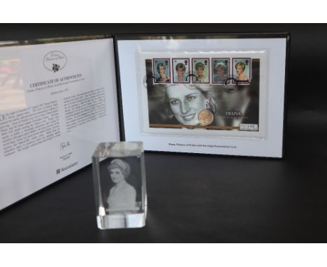 A Diana Princess of Wales Gold Sovereign Presentation Cover, No.157/450, dated 2007 together with an acrylic commemorative po