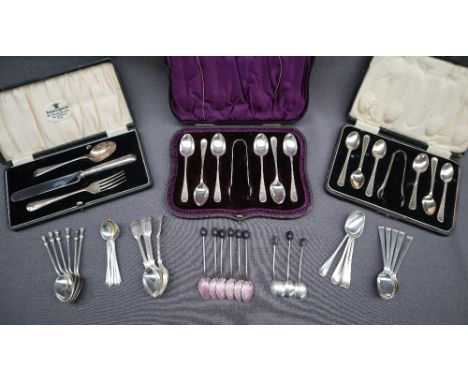 A cased set of six Victorian bright cut silver tea spoons and sugar nips set, Sheffield, 1896, Joseph Rodgers &amp; Son, toge