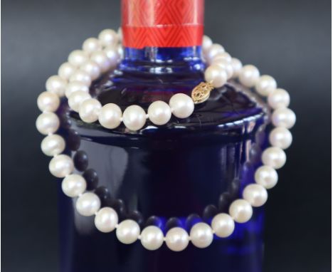 A pearl necklace set with fifty three regular individually knotted pearls to a 14ct yellow gold clasp, 45cm long