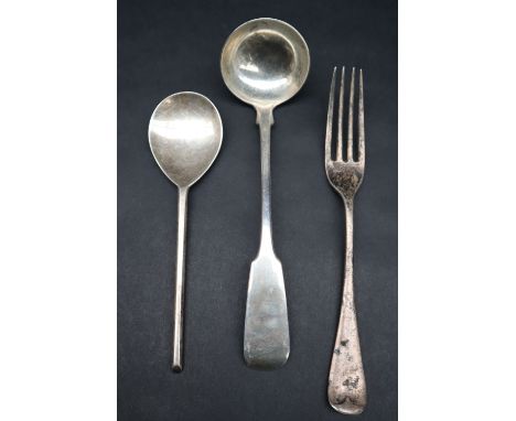 A William IV Scottish silver fiddle pattern ladle, Glasgow, 1834, John Mitchell, together with a late Victorian silver fork, 