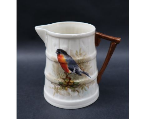A Royal Worcester porcelain jug of tapering barrel form painted with a Bullfinch, signed A Halford, green printed mark, 9.5cm