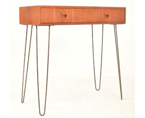 Peter Sorensen - 'PS' - A retro 20th century Danish teak wood console hall table. The teak two drawer with recessed handles r