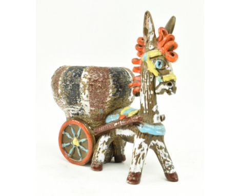 A retro 20th century Italian studio pottery planter in the form of a donkey and cart. Stylistic form hand painted in vibrant 