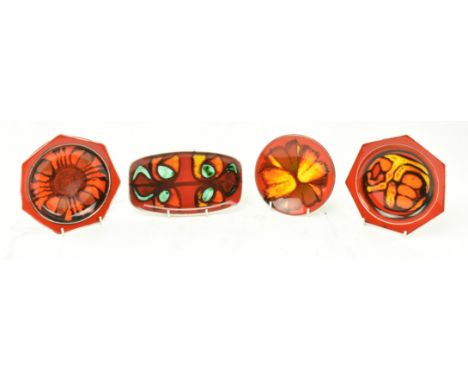 Poole Pottery - Delphis - A collection of four retro 20th century hand painted trinket plates. Two hexagonal examples with on