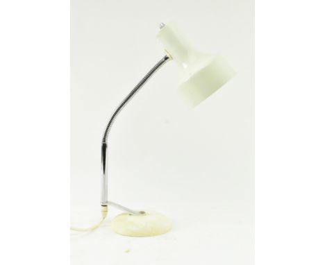 Mac Lamp - A retro 20th century painted metal gooseneck desk table lamp light. The lamp having a white conical shaped shade o