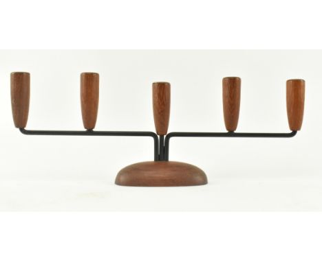 Danish Modern Designs - A vintage mid 20th century circa 1960s five arm wood &amp; iron Luthje candlesticks holders. Each can