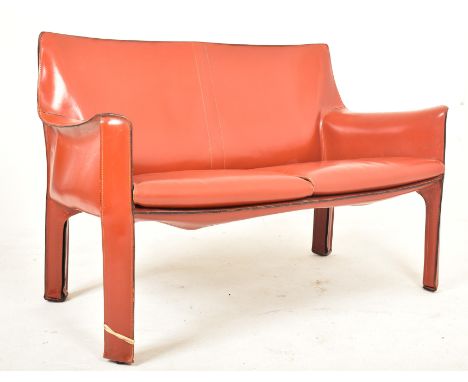 Mario Bellini x Cassina - CAB 414 - A retro late 20th century leather two seater sofa. The sofa in orange leather with visibl