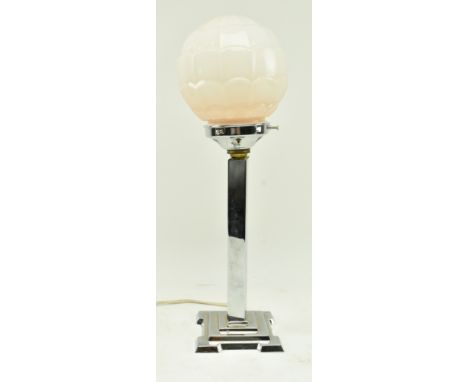 A vintage 20th century Art Deco table / desk lamp light. The lamp having a shaped globe opaque glass shade upon a chrome stem