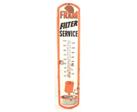 Fram - A vintage mid 20th century American porcelain enamel advertising thermometer sign. The sign of round rectangular form 