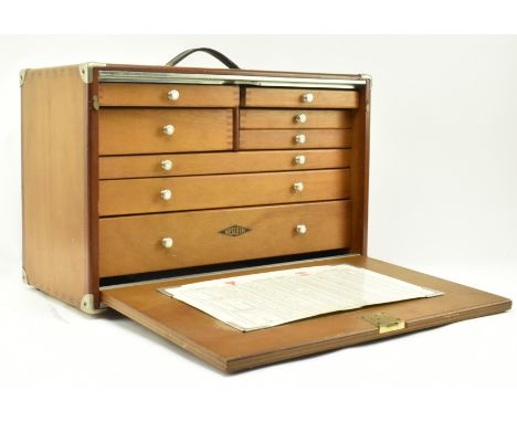 A retro 20th century wooden&nbsp;Neslein engineers / workman's tool box. The box having a strap handle atop over slot in fron