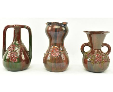 Sir Edmund Harry Elton - Elton Ware Pottery, Clevedon - Three studio art pottery glazed shaped vases. The lot to include a fl