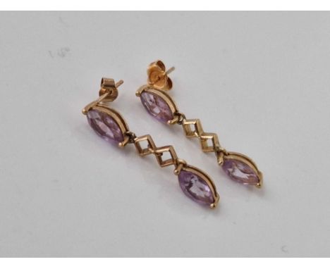 A pair of marquise cut amethyst drop earrings 9ct 2.4 gms