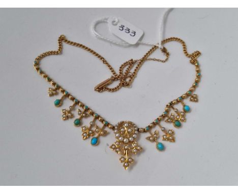 A ANTIQUE EDWARDIAN 15CT GOLD HALF PEARL AND TURQUOISE SET NECKLACE