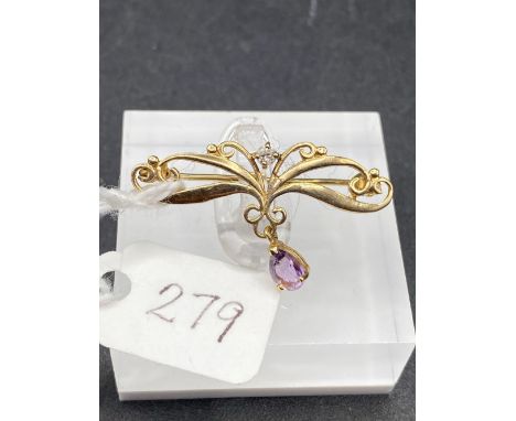 A Art Nouveau Purple Stone And Diamond Brooch 9ct 1.8 Gms