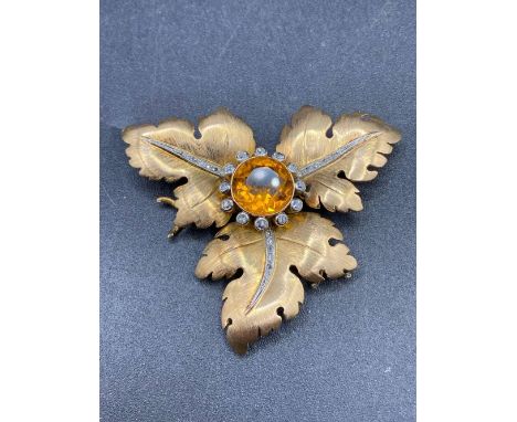 A DIAMOND AND GEM ORANGE CITRINE LEAF BROOCH PENDANT 18CT GOLD