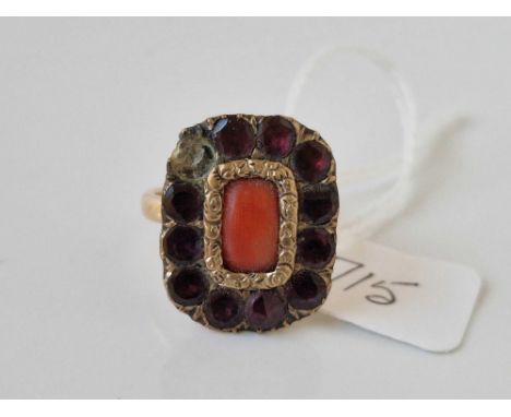 A 19th century coral and garnet ring set in gold stone missing size P 6.2 gms